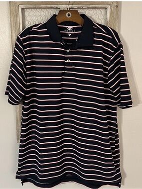 Men's Navy Polo with Pink and White Stripes